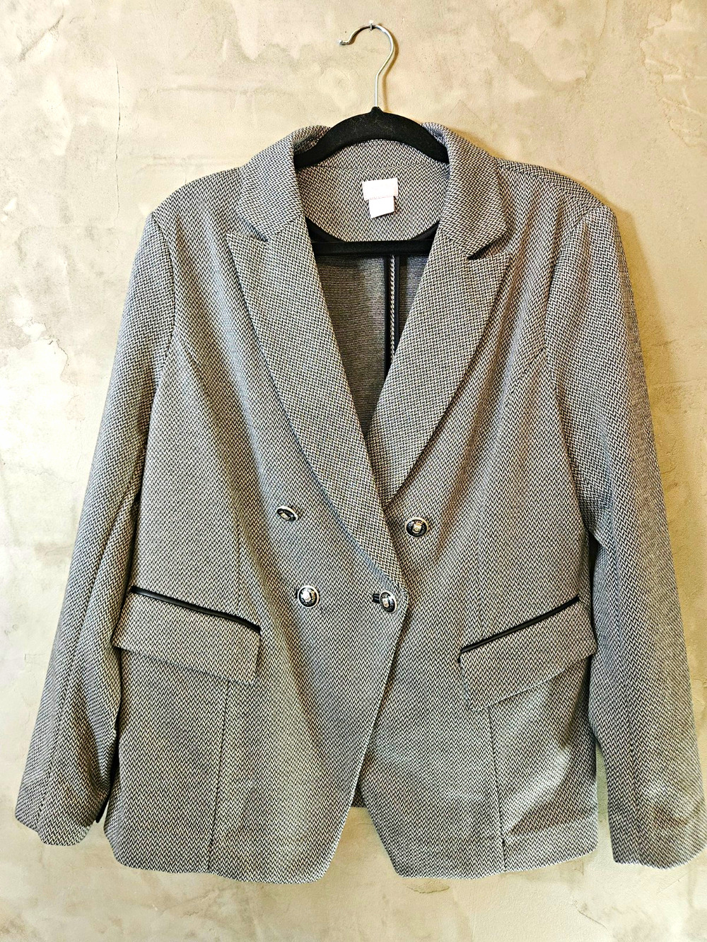 Chico’s Size 2 Herringbone Leather Trim Diuble Breast Blazer Jacket Size Large